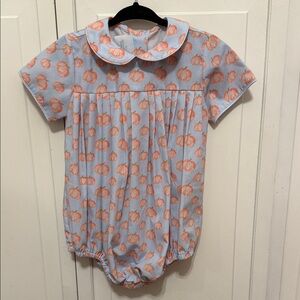 NWOT James & Lottie 18m Bubble Romper blue with pumpkin peter pan collar and